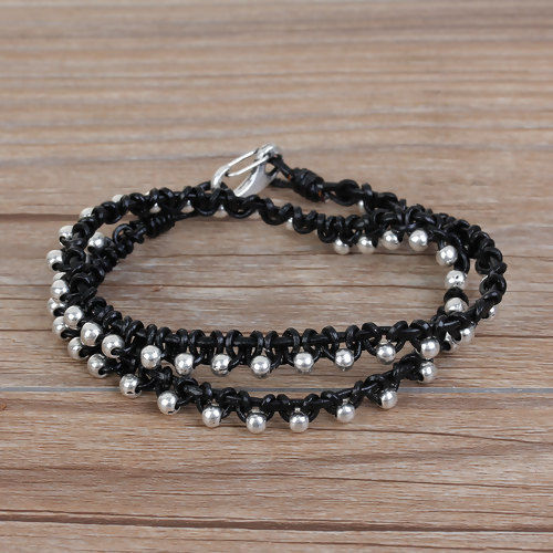 Image de Bracelet Perle Fait Main Double Couche Argent Vieilli Noir 41cm long, 1 Pièce