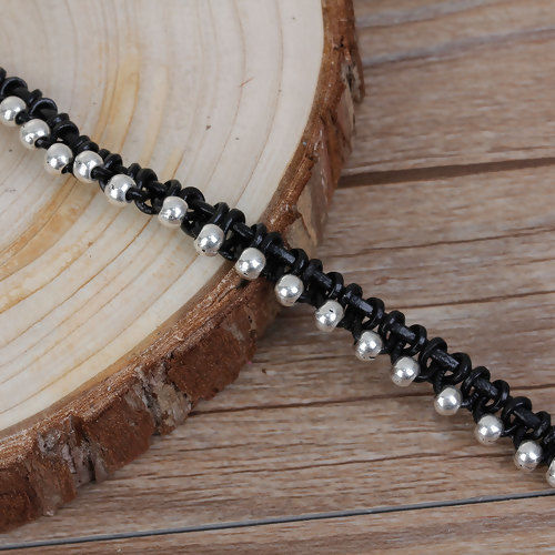 Image de Bracelet Perle Fait Main Double Couche Argent Vieilli Noir 41cm long, 1 Pièce
