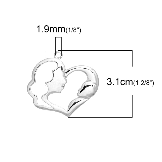 真鍮 ペンダント 母と子供 シルバートーン ハート 透かし 31mmx 29mm、 1 個 の画像