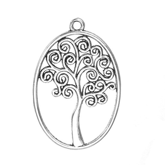 Picture of Zinc Based Alloy Pendants Round Antique Silver Color Tree Hollow 40mm(1 5/8") x 27mm(1 1/8"), 10 PCs