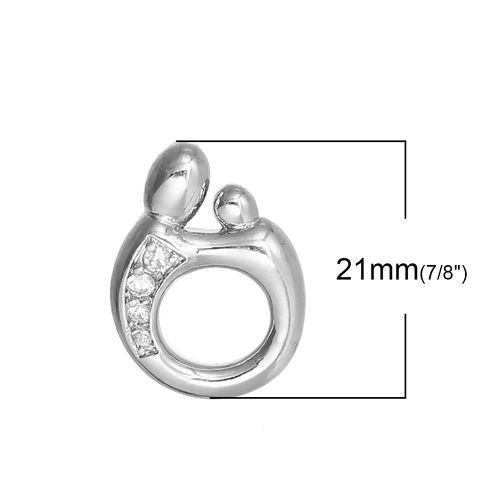 真鍮 チャーム 母と子供 シルバートーン ドロップ 透明ラインストーン 透かし 21mmx 15mm、 1 個 の画像