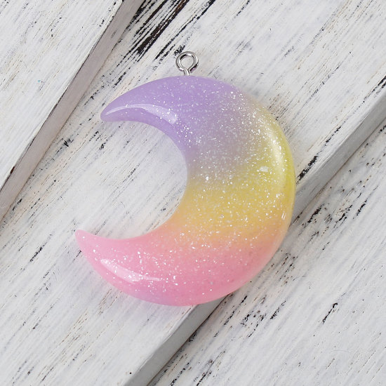 Picture of Resin Pendants Half Moon Glitter Multicolor 44mm(1 6/8") x 35mm(1 3/8"), 5 PCs