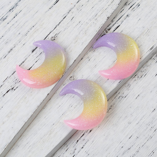 Picture of Resin Pendants Half Moon Glitter Multicolor 44mm(1 6/8") x 35mm(1 3/8"), 5 PCs
