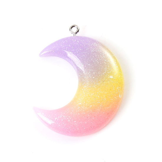 Picture of Resin Pendants Half Moon Glitter Multicolor 44mm(1 6/8") x 35mm(1 3/8"), 5 PCs