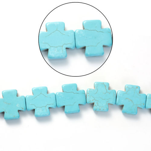 Image de (Classement D) Perles en Turquoise Imitation Howlite Croix Vert Paon Env. 20mm x 20mm, Taille de Trou: 1.5mm, 41cm long, 1 Pièce (Env. 20 PCs/Enfilade)