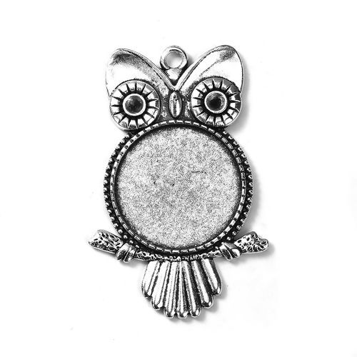 Image de Pendentifs en Alliage de Zinc Hibou Halloween Argent Vieilli (Cabochon Rapportable: 25mm Dia. Apparié avec Strass ss12 Dos en Pointe) 55mm x 36mm, 5 Pcs