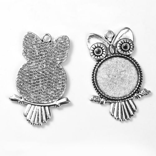Image de Pendentifs en Alliage de Zinc Hibou Halloween Argent Vieilli (Cabochon Rapportable: 25mm Dia. Apparié avec Strass ss12 Dos en Pointe) 55mm x 36mm, 5 Pcs
