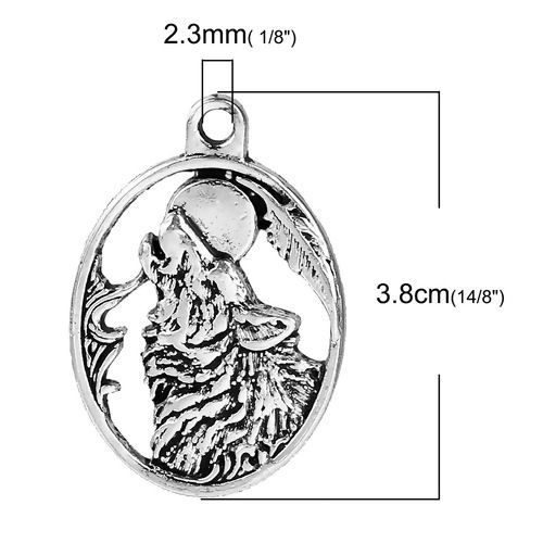 亜鉛合金 ペンダント オオカミ 銀古美 楕円形 28mm x 19mm、 10 個 の画像