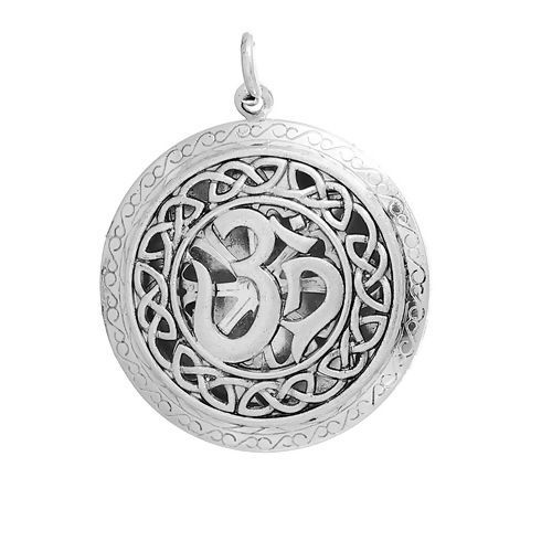 Image de Pendentif Médaillon Huile Essentielle Diffuseur en Laiton Rond Yoga Argent Mat Gravé (Cabochon Rapportable: 24mm Dia.) 41mm x 32mm, 1 Pièce