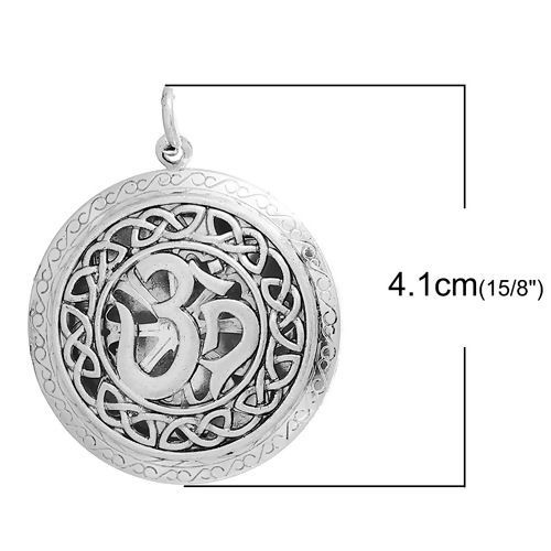 Image de Pendentif Médaillon Huile Essentielle Diffuseur en Laiton Rond Yoga Argent Mat Gravé (Cabochon Rapportable: 24mm Dia.) 41mm x 32mm, 1 Pièce