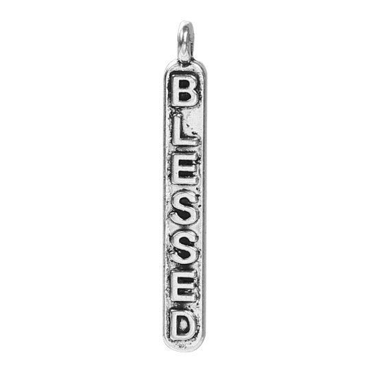 Bild von 50 Stück Zinklegierung Positive Zitate Energie Charms Antiksilber Rechteck Message " Blessed " 28mm x 4mm