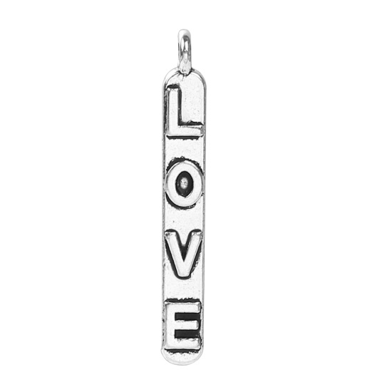 Bild von Zinklegierung Charms Rechteck Antiksilber Message " LOVE " 28mm x 4mm, 50 Stück