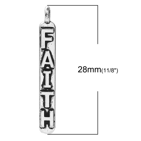 Bild von Zinklegierung Charms Rechteck Antiksilber Message " FAITH " 28mm x 4mm, 50 Stück