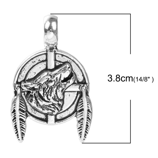 亜鉛合金 ペンダント 円形 銀古美 オオカミ 38mmx 24mm、 5 個 の画像