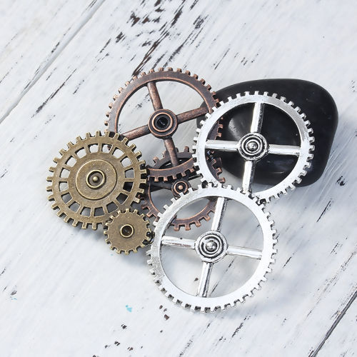 Image de Broche Epingle en Alliage de Zinc Steampunk Roue Dentée Argent Vieilli Cuivre Rouge Antique Creux 78mm x 78mm, 1 Pièce