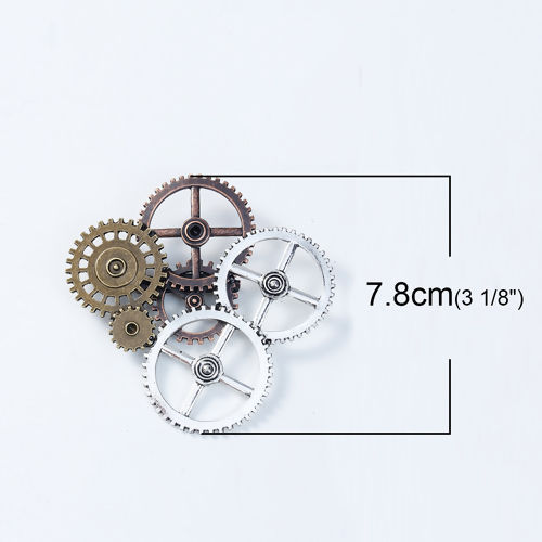 Image de Broche Epingle en Alliage de Zinc Steampunk Roue Dentée Argent Vieilli Cuivre Rouge Antique Creux 78mm x 78mm, 1 Pièce
