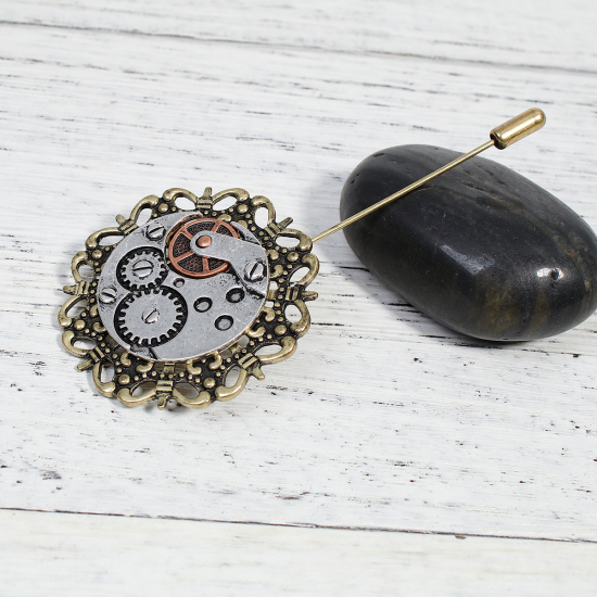 Image de Broche Epingle Bâton Steampunk Rond Roue Dentée Bronze Antique Argent Antique 9.1cm x 4.3cm, 1 Pièce