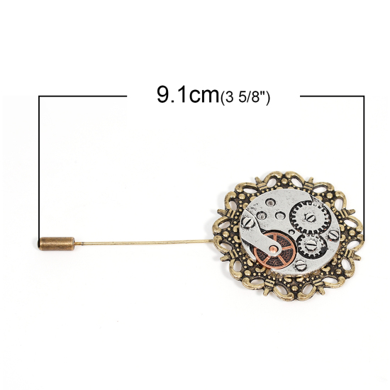 Image de Broche Epingle Bâton Steampunk Rond Roue Dentée Bronze Antique Argent Antique 9.1cm x 4.3cm, 1 Pièce
