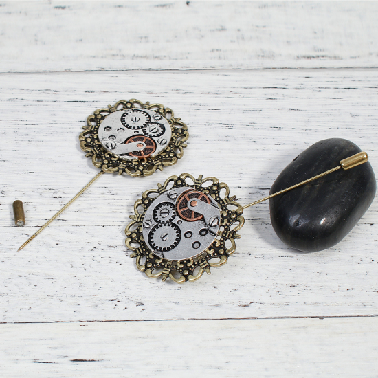 Image de Broche Epingle Bâton Steampunk Rond Roue Dentée Bronze Antique Argent Antique 9.1cm x 4.3cm, 1 Pièce