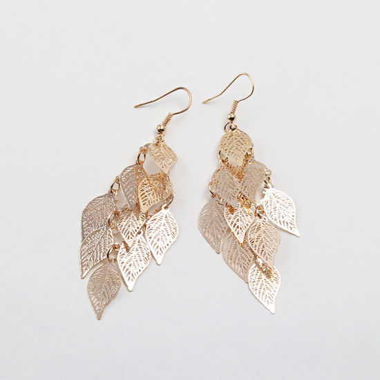 Image de Boucles d'Oreilles en Laiton Doré Feuille Creux 79mm x 26mm , Epaisseur de Fil: (21 gauge), 1 Paire