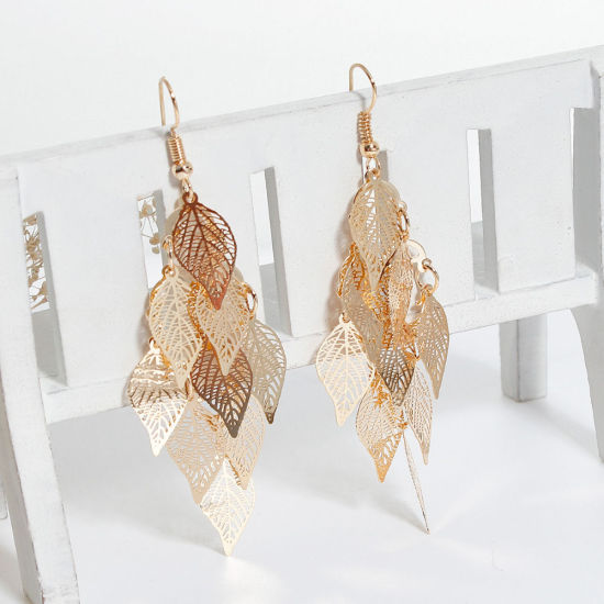 Image de Boucles d'Oreilles en Laiton Doré Feuille Creux 79mm x 26mm , Epaisseur de Fil: (21 gauge), 1 Paire