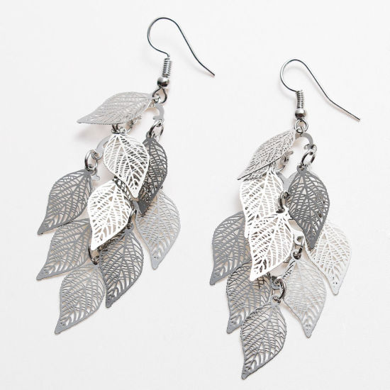 Image de Boucles d'Oreilles en Laiton Argent Mat Feuille Creux 79mm x 26mm , Epaisseur de Fil: (21 gauge), 1 Paire
