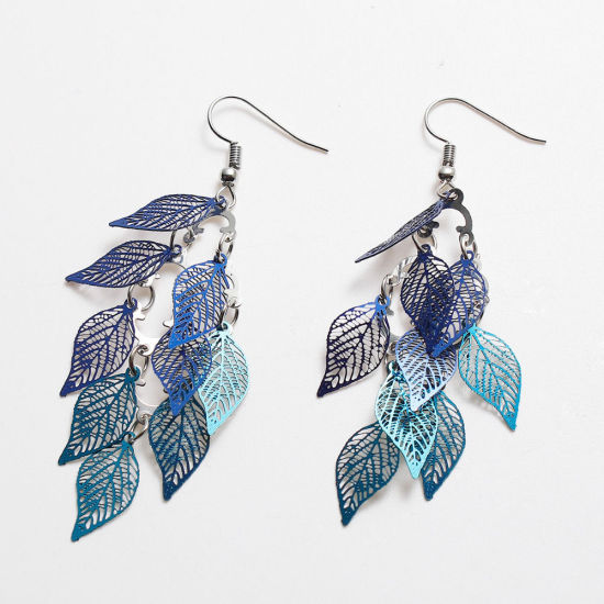 Image de Boucles d'Oreilles en Laiton Argent Mat Feuille Creux 79mm x 26mm , Epaisseur de Fil: (21 gauge), 1 Paire