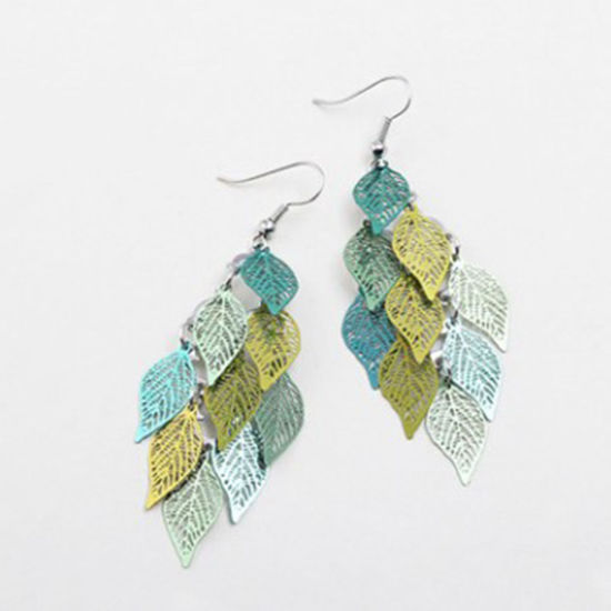 Image de Boucles d'Oreilles en Laiton Vert Feuille Creux 79mm x 26mm , Epaisseur de Fil: (21 gauge), 1 Paire