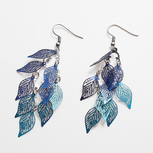 Image de Boucles d'Oreilles en Laiton Bleu Feuille Creux 79mm x 26mm, Epaisseur de Fil: (21 gauge), 1 Paire