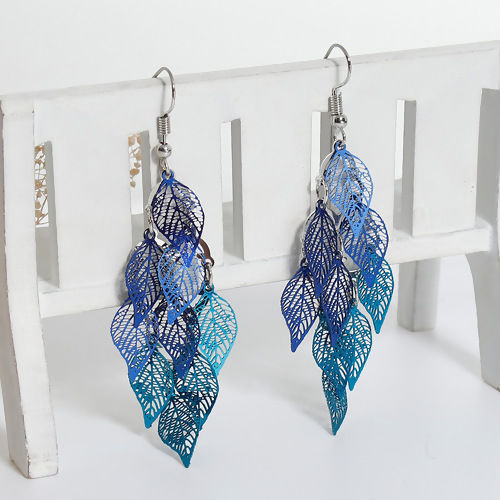 Image de Boucles d'Oreilles en Laiton Bleu Feuille Creux 79mm x 26mm, Epaisseur de Fil: (21 gauge), 1 Paire