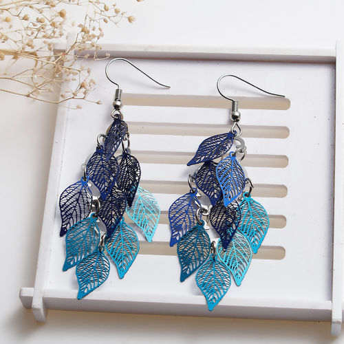 Image de Boucles d'Oreilles en Laiton Bleu Feuille Creux 79mm x 26mm, Epaisseur de Fil: (21 gauge), 1 Paire