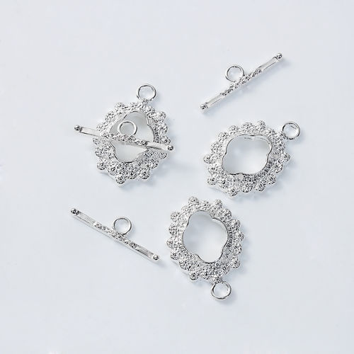 Image de Fermoir Toggle en Alliage de Zinc Forme Fleur Argenté 23mm x 16mm 21mm x 6mm, 2 Kits