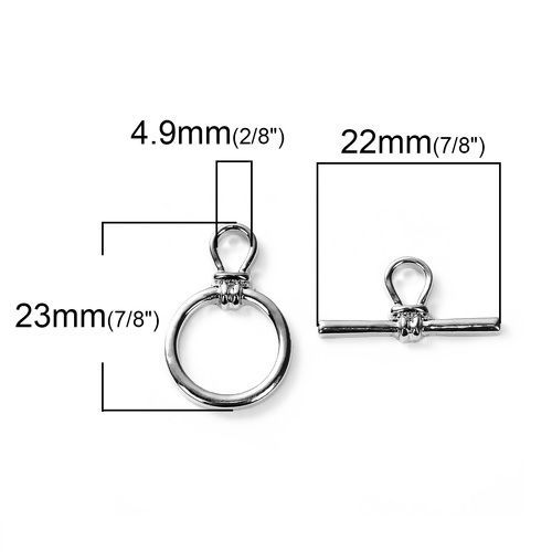 亜鉛合金 トグルクラスプ 円形 シルバートーン 23mm x 15mm 22mm x 10mm、 2 セット の画像