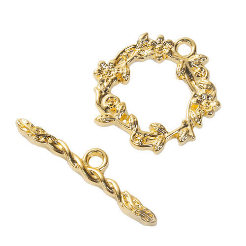 亜鉛合金 トグルクラスプ 花葉 金メッキ 22mm x 21mm 29mm x 6mm、 2 セット の画像