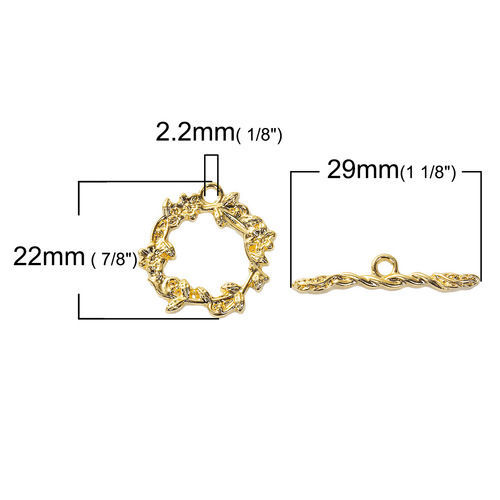 亜鉛合金 トグルクラスプ 花葉 金メッキ 22mm x 21mm 29mm x 6mm、 2 セット の画像
