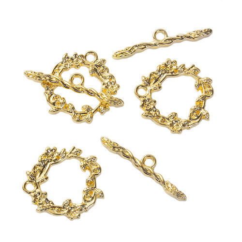 亜鉛合金 トグルクラスプ 花葉 金メッキ 22mm x 21mm 29mm x 6mm、 2 セット の画像
