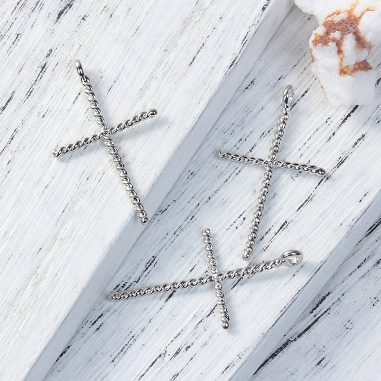 Image de Pendentifs Câble Torsadé en Alliage de Zinc Croix Argent Mat 42mm x 24mm, 5 Pcs