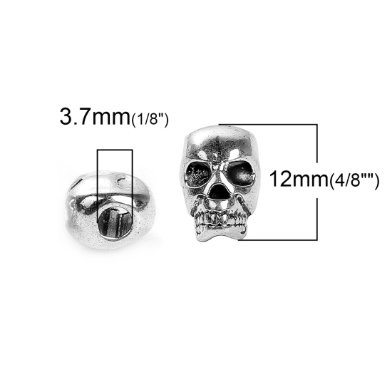 Image de Perles en Alliage de Zinc 3D Tête de Mort Crâne Halloween Argent Vieilli 12mm x 8mm, Taille de Trou: 3.7mm, 30 Pcs