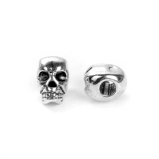 Image de Perles en Alliage de Zinc 3D Tête de Mort Crâne Halloween Argent Vieilli 12mm x 8mm, Taille de Trou: 3.7mm, 30 Pcs