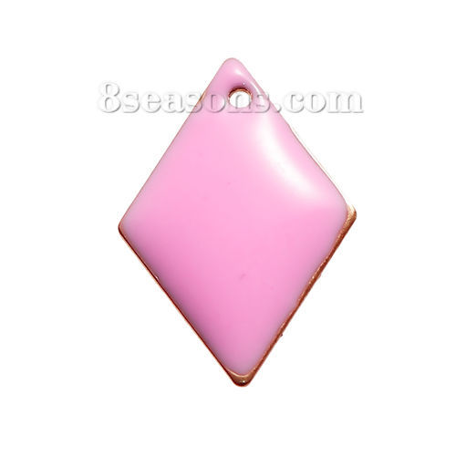 Image de Breloque en Laiton Losange Sequins Emaillés Double Face Sans Plaqué Rose 16mm x 11mm, 10 Pcs