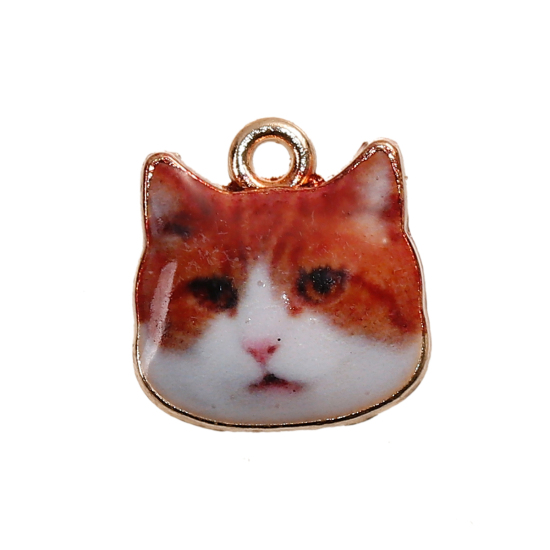 Picture of Zinc Based Alloy Charms Cat Animal Gold Plated Brown Enamel 13mm( 4/8") x 13mm( 4/8"), 10 PCs