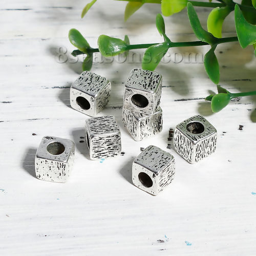 Bild von Zinklegierung Zwischenperlen Spacer Perlen Quadrat Antiksilber ca. 9mm x 9mm, Loch:ca. 4.6mm, 5 Stück