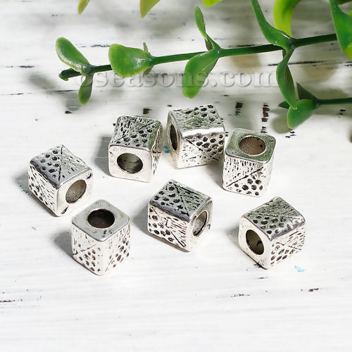 Bild von Zinklegierung Zwischenperlen Spacer Perlen Quadrat Antiksilber ca. 8mm x 8mm, Loch:ca. 4.7mm, 10 Stück