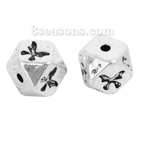 Bild von Zinklegierung Zwischenperlen Spacer Perlen Quadrat Antiksilber Schmetterling Facettiert ca. 10mm x 10mm, Loch:ca. 2.2mm, 5 Stück