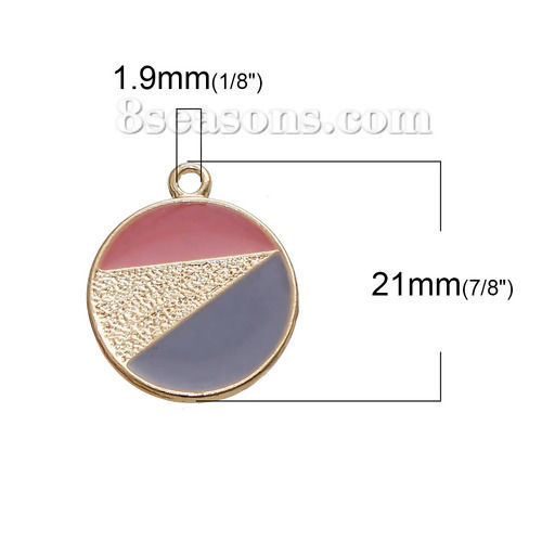 Picture of Zinc Based Alloy Contrast Color Charms Round Disc Gold Plated Pink & Steel Gray Enamel 21mm( 7/8") x 18mm( 6/8"), 5 PCs