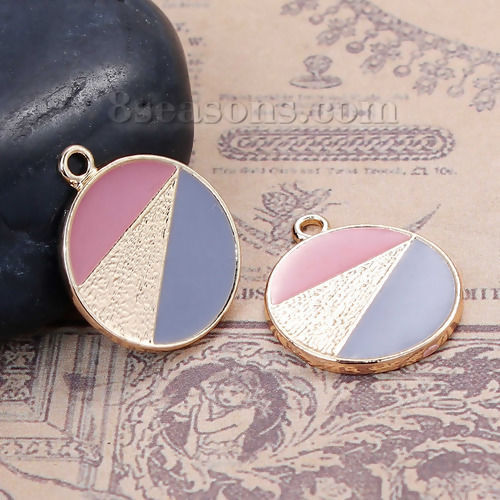 Picture of Zinc Based Alloy Contrast Color Charms Round Disc Gold Plated Pink & Steel Gray Enamel 21mm( 7/8") x 18mm( 6/8"), 5 PCs