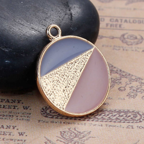 Picture of Zinc Based Alloy Contrast Color Charms Round Disc Gold Plated Pink & Steel Gray Enamel 21mm( 7/8") x 18mm( 6/8"), 5 PCs