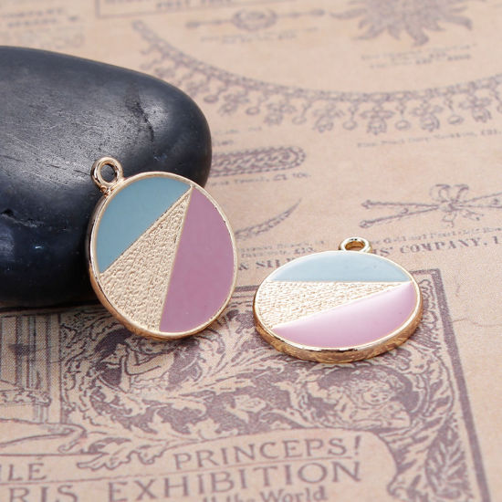 Picture of Zinc Based Alloy Contrast Color Charms Round Disc Gold Plated Pink & Steel Gray Enamel 21mm( 7/8") x 18mm( 6/8"), 5 PCs