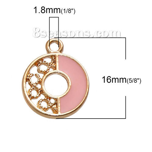 Picture of Zinc Based Alloy Contrast Color Charms Round Gold Plated Pink Enamel 16mm( 5/8") x 14mm( 4/8"), 10 PCs