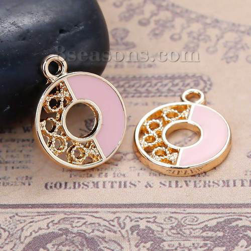 Picture of Zinc Based Alloy Contrast Color Charms Round Gold Plated Pink Enamel 16mm( 5/8") x 14mm( 4/8"), 10 PCs